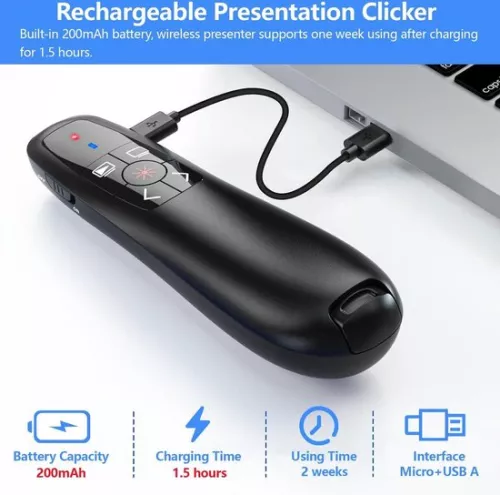 merkloos 2-in-1 USB Type C Presentation Clicker for PowerPoint Presentations - Rechargeable Wireless Presenter - Remote Control - Slide Advancer - PPT Clicker - Mac Laptop Wireless Presenter (6150711857890)