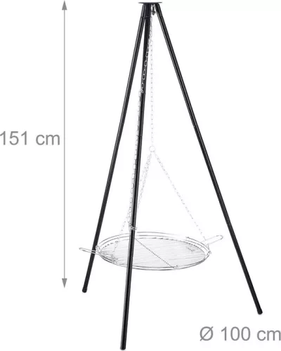 merkloos Tripod barbecue with grill and chains - Height adjustable - HxD: 151 x 100 cm - Black-silver Barbecue (6151000329371)