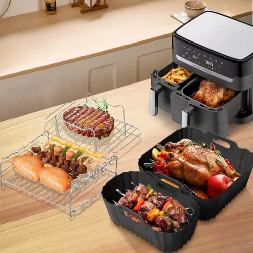 merkloos Accessories for hot air fryer - Philips Airfryer 3000/5000 series double basket 6 l/3 l silicone mold grill rack tongs insert (8785322962312)