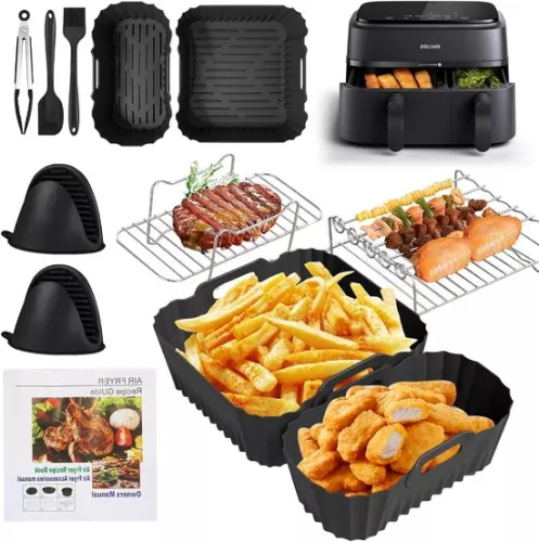 merkloos Accessories for hot air fryer - Philips Airfryer 3000/5000 series double basket 6 l/3 l silicone mold grill rack tongs insert (8785322962312)