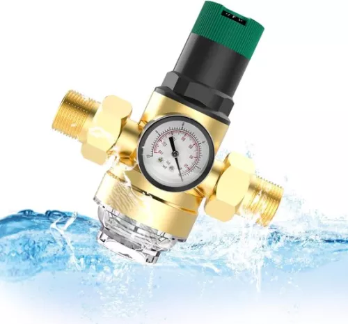 Water pressure regulator with pressure gauge and water filter - 3/4 inch house connection - water pressure regulator - water pressure gauge - mesh filter - brass water pressure relief valve