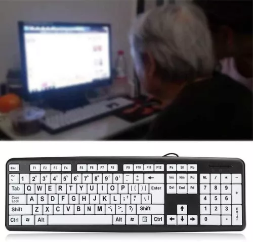merkloos Keyboard Large Print Black 104 Keys Wired USB Low Vision Keyboard Elderly - White Letter Keys . (8785309438908)