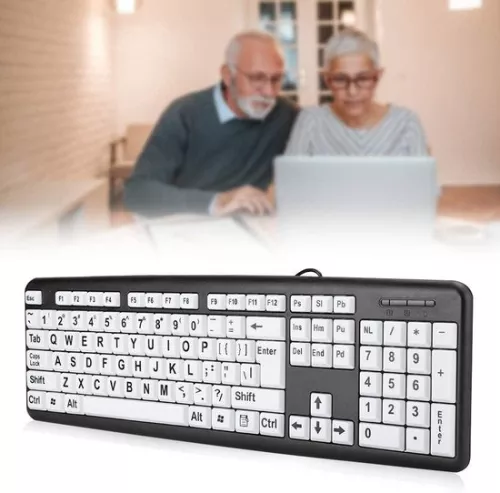 merkloos Keyboard Large Print Black 104 Keys Wired USB Low Vision Keyboard Elderly - White Letter Keys . (8785309438908)