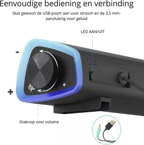 merkloos Mini Soundbar PC Speaker - Computer Speaker - RGB Lighting - Surround Sound - Gray (8721022414126)