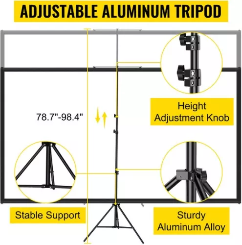 merkloos Portable Projection Screen with Stand, 100-Inch, 4K HD Resolution, 16:9 Aspect Ratio, Adjustable Height, with Polyester Screen and Aluminum Stand (8721334168083)