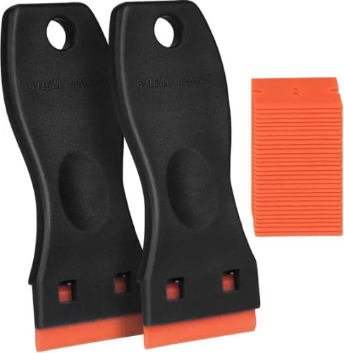 Scraper with 30 plastic blades - 2 black - for removing paint, stickers, and more.