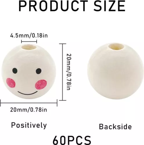 merkloos 20mm Round Natural Wooden Beads Set with Face - 60 Pieces Wooden Beads with Faces (9505697343344)