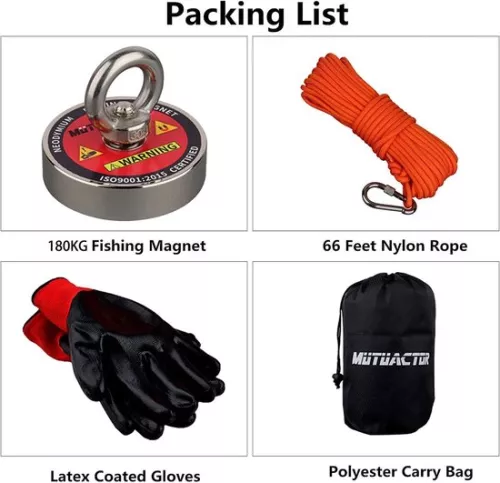 merkloos Neodymium Fishing Magnet 180KG Pulling Force Rare Earth Magnet with Rope-Glove-Bag Kit for Beginners Magnet Fishing in River (8785301337070)