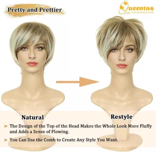 merkloos Mixed Blonde Short Layered Natural Hair with Bangs Synthetic Wig - Heat Resistant - Full Wigs for Women and Girls Women's Wigs (8785300745197)