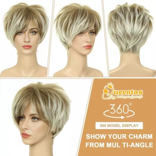 merkloos Mixed Blonde Short Layered Natural Hair with Bangs Synthetic Wig - Heat Resistant - Full Wigs for Women and Girls Women's Wigs (8785300745197)