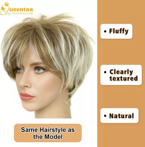 merkloos Mixed Blonde Short Layered Natural Hair with Bangs Synthetic Wig - Heat Resistant - Full Wigs for Women and Girls Women's Wigs (8785300745197)