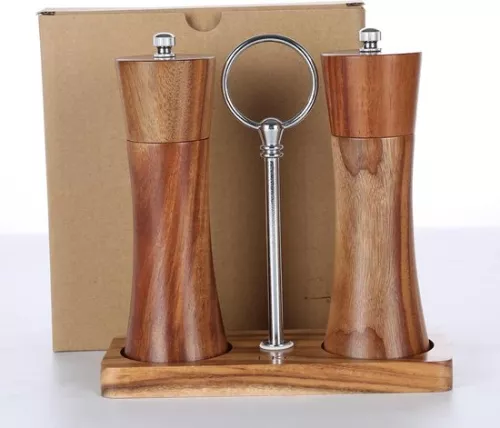unbranded KKC Salt and Pepper Mill, Manual Wood Adjustable Ceramic Grinder Spice Mill for Coarse Salt, Acacia Wood Salt Mill Pepper Mills, Kitchen Pepper Chilli Mills, Mill Set with Tray 15 cm (4800437605726)