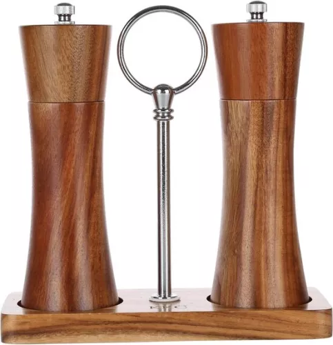 unbranded KKC Salt and Pepper Mill, Manual Wood Adjustable Ceramic Grinder Spice Mill for Coarse Salt, Acacia Wood Salt Mill Pepper Mills, Kitchen Pepper Chilli Mills, Mill Set with Tray 15 cm (4800437605726)