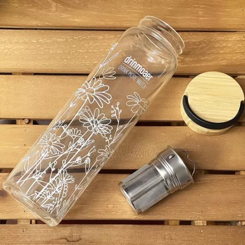 Drinmoaer 1 liter glass drinking bottle with bamboo lid and sleeve for loose tea, tea bottle with strainer to go, glass water bottle 1 l (flower) (8998339533110)