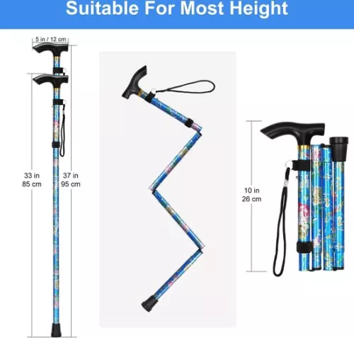merkloos Folding Walking Stick - 5 Level Adjustable - Lightweight & Portable - Wristband & T-Handle - Elderly & Disabled - Blue Floral (6152926816877)