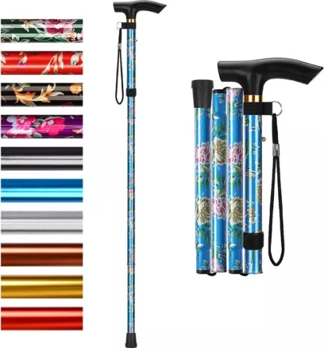 Folding Walking Stick - 5 Level Adjustable - Lightweight & Portable - Wristband & T-Handle - Elderly & Disabled - Blue Floral