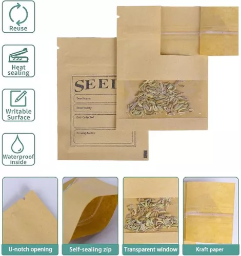 merkloos 100 Pcs Small Brown Resealable Kraft Paper Seed Packets with Clear Window Coin Envelopes Bags Ziplock for Seed Flower Storage 7x9.5cm (2.7x3.7inch) (6154124650680)