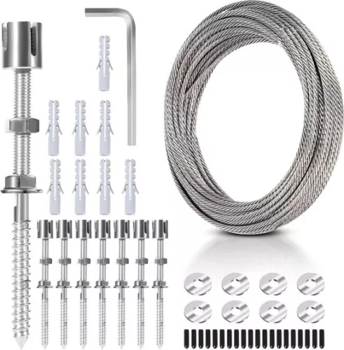 merkloos Stainless steel climbing support for climbing plants, 12M professional system as a complete set with wall brackets and 3mm steel cable (9784297924607)