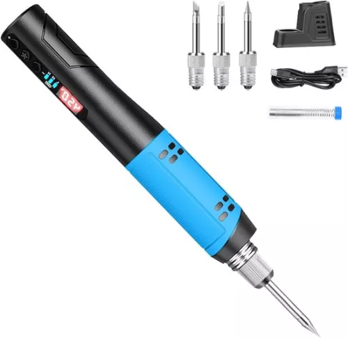merkloos Cordless Soldering Iron with 1500mAh Battery and Temperature Display Max. 450°C - 8W Fast Heat-Up - Portable Cordless Set for Beginners and Professionals (3 Soldering Tips Blue) (9501962697150)