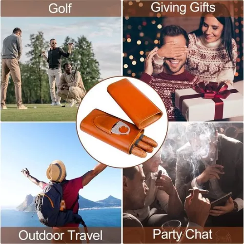 merkloos Cigar case for 3 cigars - leather cigar cases with cigar cutter - stainless steel - tube humidore - portable humidor for travel - brown . (6152351040045)