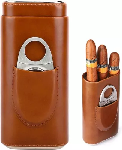 Cigar case for 3 cigars - leather cigar cases with cigar cutter - stainless steel - tube humidore - portable humidor for travel - brown .