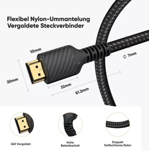 merkloos 10K 8K HDMI 2.1 cable - 3M length - 48Gbps - Ultra High Speed - Officially certified - 8K @60Hz - 4K @120Hz - 144Hz - HDCP 2.2 & 2.3 - 4:4 - eARC - HDR10 - HDMI cable - nylon braided - with test report. (8785309353805)