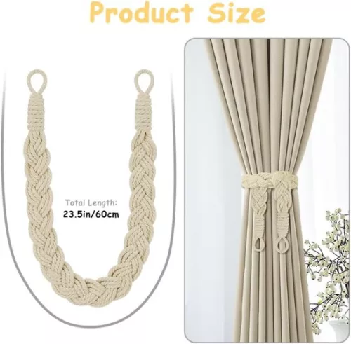 merkloos 2-pack curtain ties - 60cm curtain cord buckle - hand-woven curtain ties - twisted curtain ties - with hooks - suitable for home, office, living room, bedroom (8410900123730)