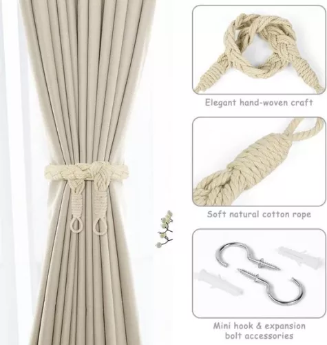merkloos 2-pack curtain ties - 60cm curtain cord buckle - hand-woven curtain ties - twisted curtain ties - with hooks - suitable for home, office, living room, bedroom (8410900123730)