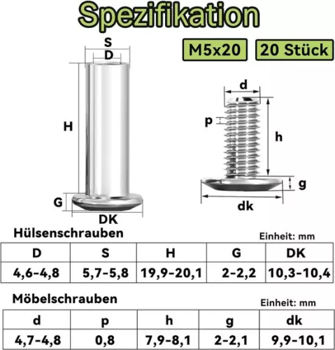 merkloos Connection screws M5 x 20 mm - Stainless steel - 20 pieces (9508612515420)