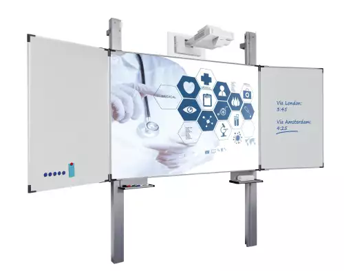 WhiteboardMatch Projection board enamel steel matt white (16:9), Extraflat profile, 5-level for pen projector (including Epson 1480Fi and 725Wi), height adjustable, on columns (50342)