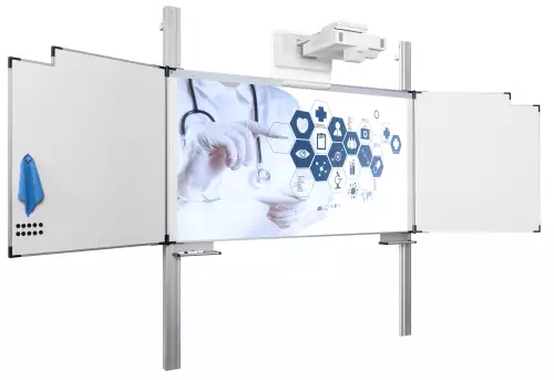 WhiteboardMatch Projection board enamel steel matt white (16:9), Extraflat profile, 5-surface for touch projector (including Epson 1485Fi and 735Fi), height adjustable, on columns (50347)