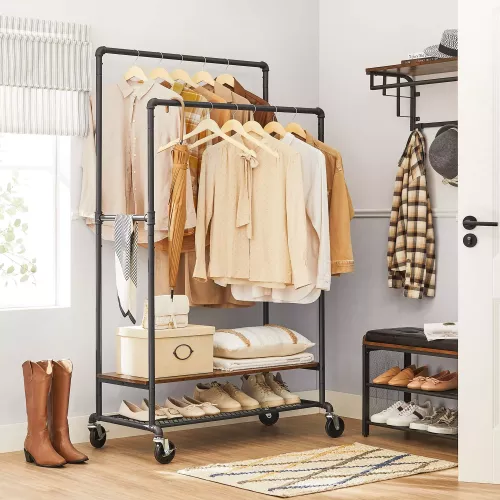 In And OutdoorMatch In And OutdoorMatch Clothes Stand Esperanza - With 2 Clothes Rails - Coat Stand - With 2 Shelves - With Castors - Industrial Design - Vintage Brown/Black  (63942)