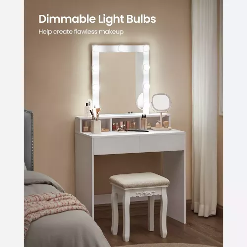 In And OutdoorMatch In And OutdoorMatch Dressing Table Ayla - with Mirror and Bulbs - Vanity Table - 2 Drawers and 3 Open Compartments - Modern- White - 80x40x145cm (64150)