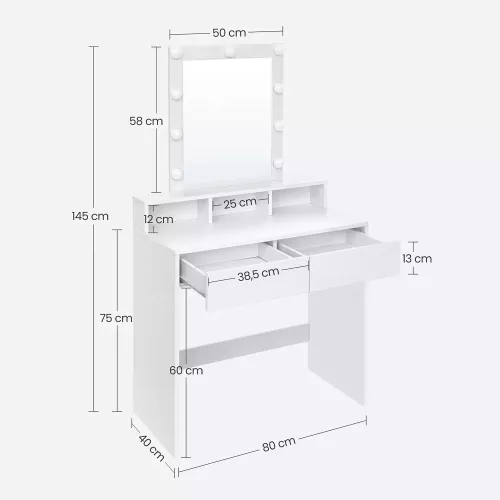 In And OutdoorMatch In And OutdoorMatch Dressing Table Ayla - with Mirror and Bulbs - Vanity Table - 2 Drawers and 3 Open Compartments - Modern- White - 80x40x145cm (64150)