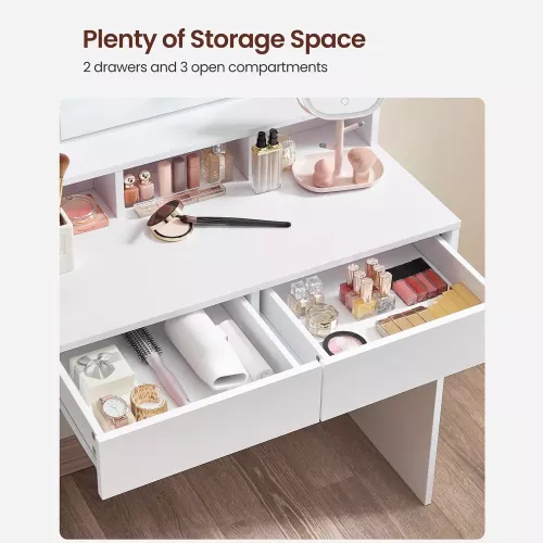 In And OutdoorMatch In And OutdoorMatch Dressing Table Ayla - with Mirror and Bulbs - Vanity Table - 2 Drawers and 3 Open Compartments - Modern- White - 80x40x145cm (64150)