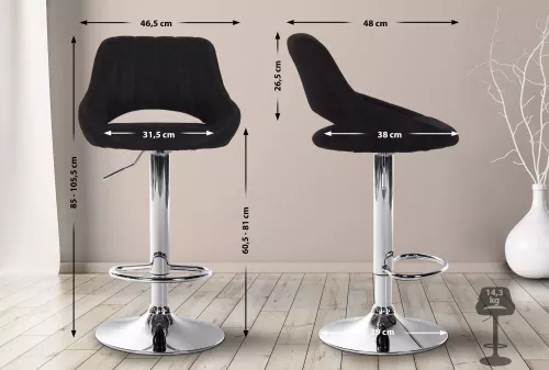 In And OutdoorMatch In And OutdoorMatch Bar stool Hipo Black chrome Lorenz - Fabric - Seat height 60-81cm - Ergonomic bar chairs - Height adjustable - Set of 1 - With backrest - For kitchen and bar (66247)