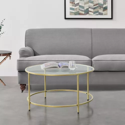 In And OutdoorMatch In And OutdoorMatch Coffee Table Leila - Round Glass and Metal - 45.5xØ84 cm - Gold - Stylish Design (68394)