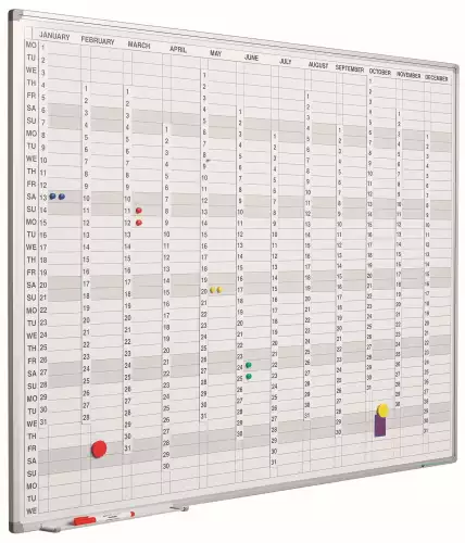 WhiteboardMatch Whiteboard PRO - Enamel steel - Whiteboard Weekly planner - Monthly planner - Yearly planner - Magnetic - White - incl. month/day/number strips - English - 60x90cm (50704)